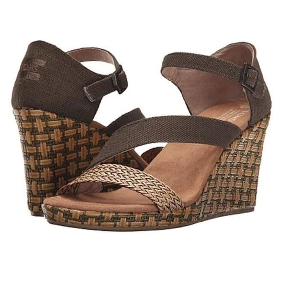 Toms- Clarissa Weaved Jute Wedges Olive Green Strappy, Size 7.5 - Picture 1 of 15